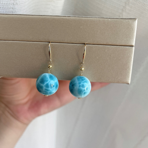 天然無処理 ラリマー 丸玉ピアス k18 No1266 ピアス（フック・チェーン  