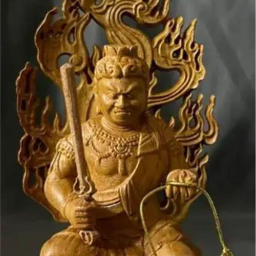 極上品仏教工芸品一刀彫総ケヤキ材木彫仏像不動明王座像