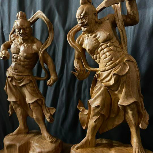 大型38cm　井波彫刻　総ケヤキ材　仏教工芸品　仏師手仕上げ品　金剛力士像一式 大型38cm 井波彫刻 総ケヤキ材 仏教工芸品 仏師手仕上げ品 金剛