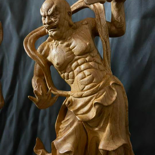 大型38cm 井波彫刻 総ケヤキ材 仏教工芸品 仏師手仕上げ品 金剛力士像
