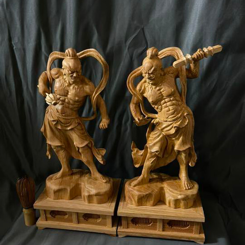 井波彫刻　仏教工芸品　総ケヤキ材　仏師で仕上げ品　四天王像一式 大型38cm 井波彫刻 総ケヤキ材 仏教工芸品 仏師手仕上げ品 金剛力士像