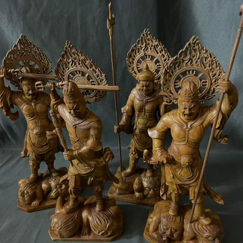 総柘植材 仏教工芸品 時代彫刻 一刀彫 極上彫 木彫仏像 四天王立像