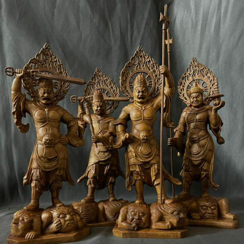 総柘植材　仏教工芸品　時代彫刻　一刀彫　極上彫　木彫仏像　四天王立像 総柘植材 仏教工芸品 時代彫刻 一刀彫 極上彫 木彫仏像 四天王