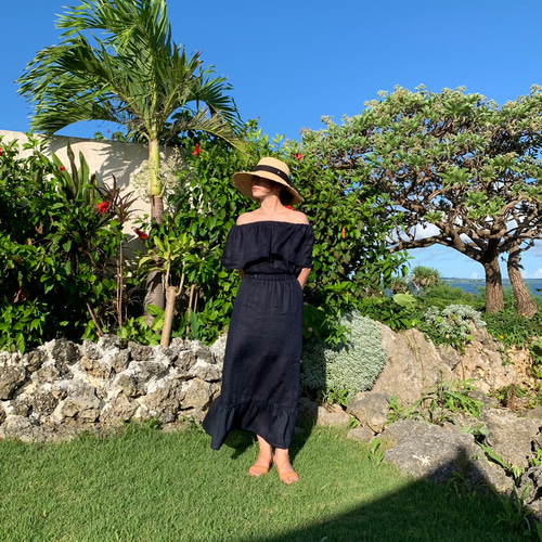 オランダ社高級リネン素材 オフショルダーセットアップ ネイビー  