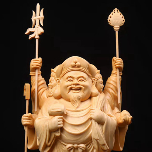 【修縁堂】精彫造像 大黒天 木彫仏像 精密彫刻 大黒様 仏教美術品 最高級 三面大黒天 仏師彫り 細工精彫 木彫仏像 商売繁盛 彫刻