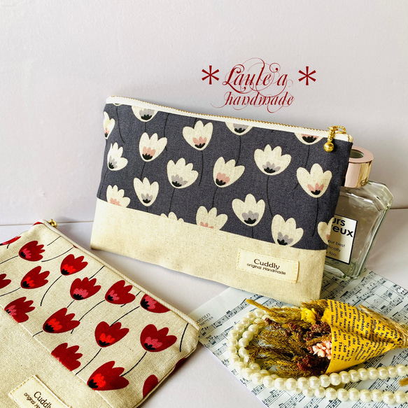 ＊北欧調＊レトロフラワー柄＊綿麻キャンバス＊フラットポーチ☆化粧品入れ☆通帳入れ☆ 1枚目の画像