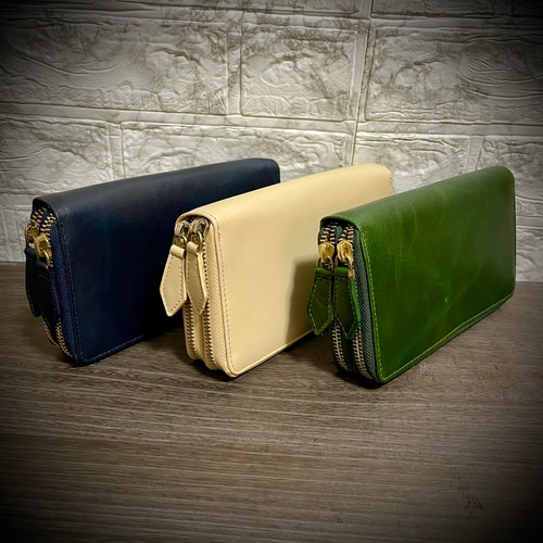 イタリアンレザー ダブルファスナー 長財布 グリーン ナチュラル