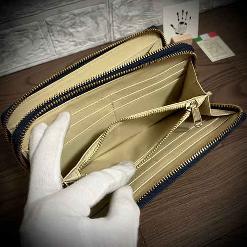 イタリアンレザー ダブルファスナー 長財布 グリーン ナチュラル