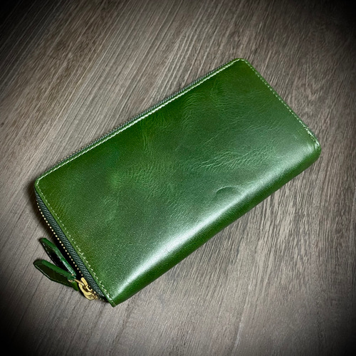 ダブル ラウンドファスナー ブライドルレザー 長財布 メンズ 緑 グリーン ダブルファスナー ブライドルレザー 長財布 ラウンドファスナー 本革