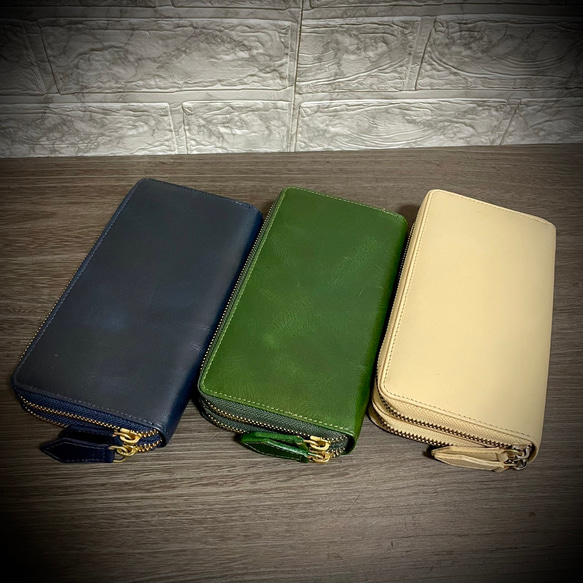 イタリアンレザー ダブルファスナー 長財布 グリーン ナチュラル