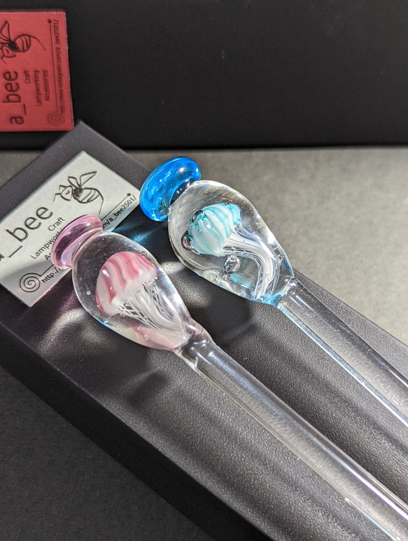 再販】ピンク&ライトブルーのクラゲ・ガラススプーンマドラーセット