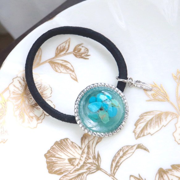 Turquoise Resin Silver Beads [Stone Texture] Hair Rubber Black N 第3張的照片