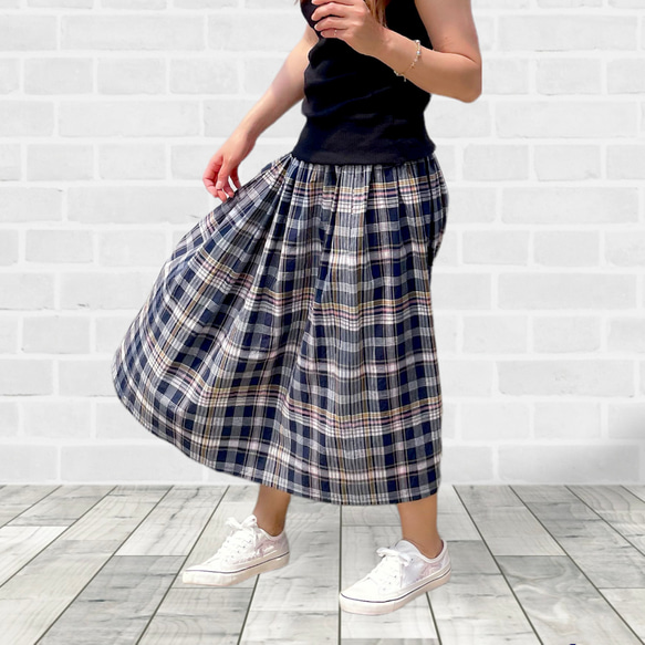 【送料無料】マドラスチェックの夏スカート/インド綿/ネイビー系 4枚目の画像