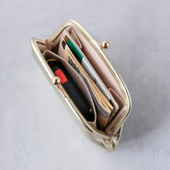 送料無料 小さい財布 ミニマム 革巻き がま口 国産 箔レザー 財布 本革  シャンパンゴールド 5枚目の画像