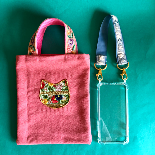 ねこちゃん‍×インド刺繍リボンの手提げ(ミニ) キャンバス生地 ピンク
