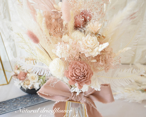 mocaベージュ ウェディングブーケ ブートニア付き 前撮りドライフラワーブーケ mocaベージュ ウェディングブーケ ブートニア付き 前撮りドライ