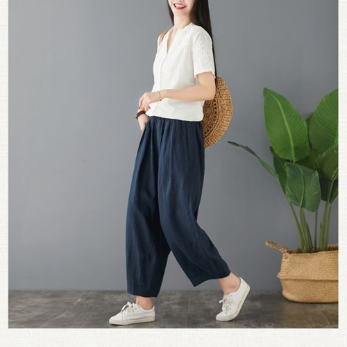 ゴーシュ　 綿ワイドパンツ ウエストゴム　ネイビー　日本製　ゴム入り ゴーシュ 綿ワイドパンツ ウエストゴム ネイビー 日本製 ゴム