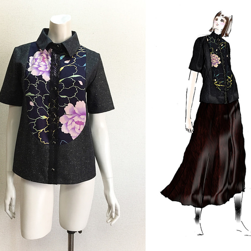 1点もの・デザイン画付き】岡山産デニム＆和柄切り替えブラウス半袖 