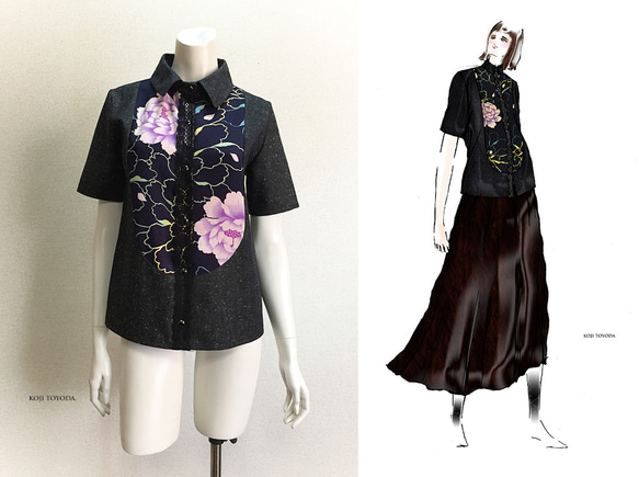 1点もの・デザイン画付き】岡山産デニム＆和柄切り替えブラウス半袖 