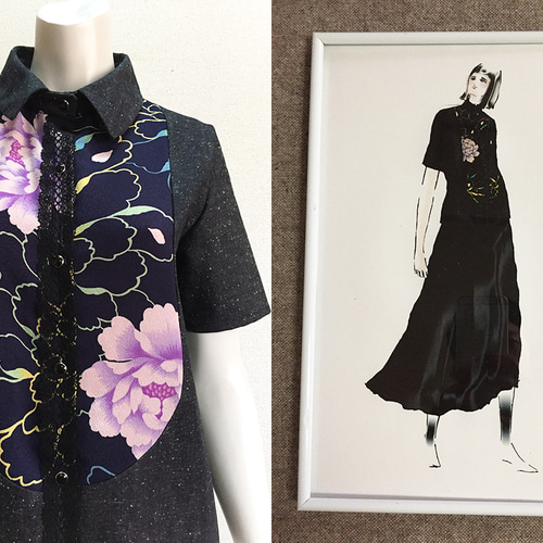 1点もの・デザイン画付き】岡山産デニム＆和柄切り替えブラウス半袖 