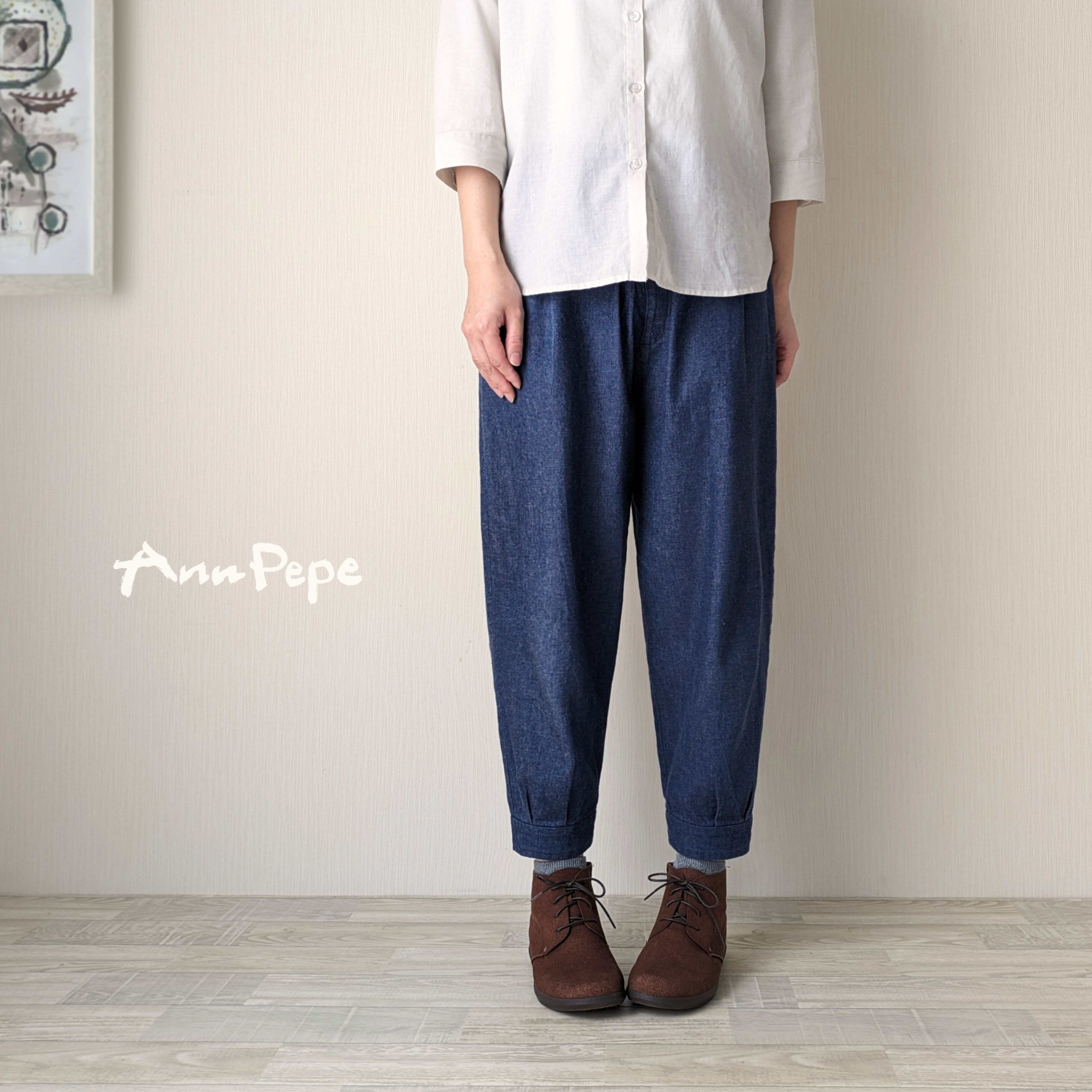 太さも選べる♠綿100% インディゴデニム8オンス インディゴブルー／カフスパンツ 9.5分丈 裾カフス