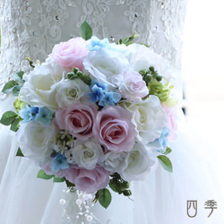 【豪華2点セット】バラミックスフラワーブーケ 造花ブーケ・ウェディングブーケ ブーケ 造花 ピュアブルー ブートニア付き ナチュラル ウェディング