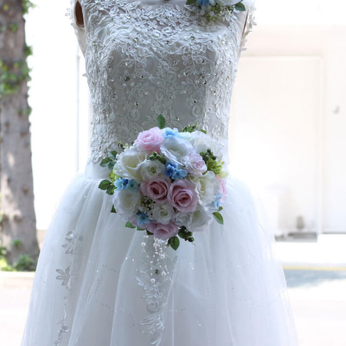 ブーケ 造花 ピュアブルー ブートニア付き ナチュラル ウェディング