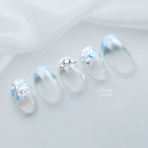 No.97 ジェルネイル ネイルチップ フレンチネイル ブルー ホワイト 白