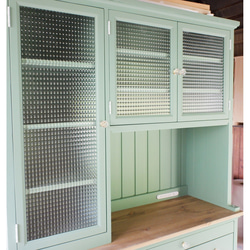 チェッカーガラスの食器棚（食器棚5）オリーブグリーン×ナチュラル 4枚目の画像