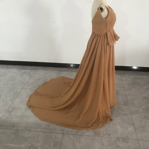 Vネックドレス カラードレス テラコッタ色 背中見せ トレーン 二次会/2  