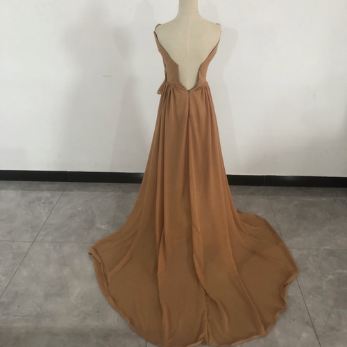 Vネックドレス カラードレス テラコッタ色 背中見せ トレーン 二次会/2  