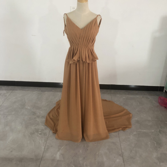 Vネックドレス カラードレス テラコッタ色 背中見せ トレーン 二次会/2  