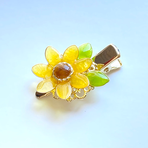 向日葵のミニヘアクリップ イエロー 夏 レジン ヘアアクセサリー