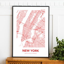 アートポスター MAP ニューヨーク レッド 赤 L判 ハガキ 2L判 A4 A3 B3 A2 B2 アート モノトーン 2枚目の画像