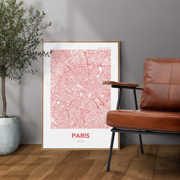 アートポスター MAP パリ レッド 赤 L判 ハガキ 2L判 A4 A3 B3 A2 B2 アート モノトーン 1枚目の画像