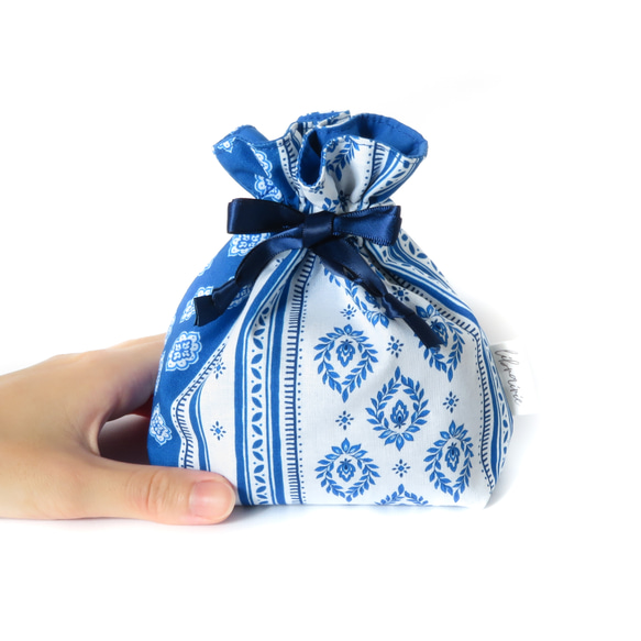 [魅力普羅旺斯] 法國面料藍寶石藍色抽繩小袋 S 碼 第1張的照片