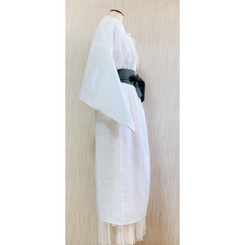展示品　◇着物リメイク◇  ドッキングワンピース　白系　帯ベルト付き　1点もの 展示品 ◇着物リメイク◇ ドッキングワンピース 白系 帯ベルト