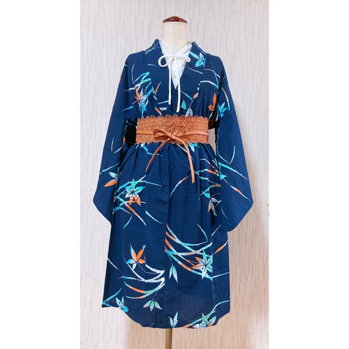 ◇浴衣リメイク◇ セットアップ 紺色 レースベルト付き 1点もの  