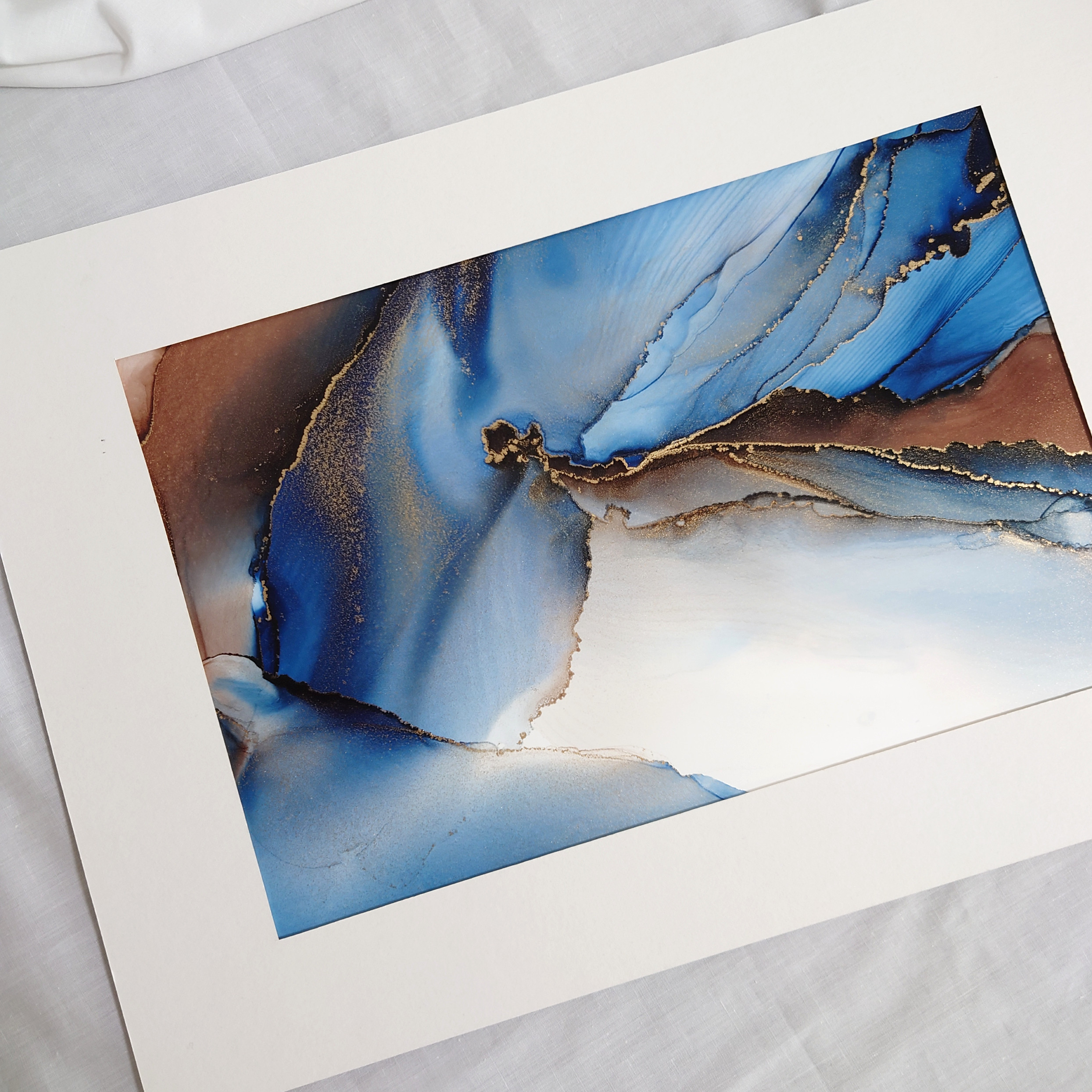 アルコールインクアート/大理石風/青茶/抽象画【A4原画】 その他アート