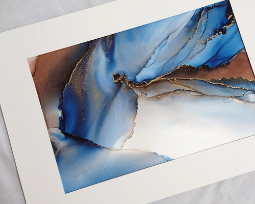 アルコールインクアート/大理石風/青茶/抽象画【A4原画】 その他アート