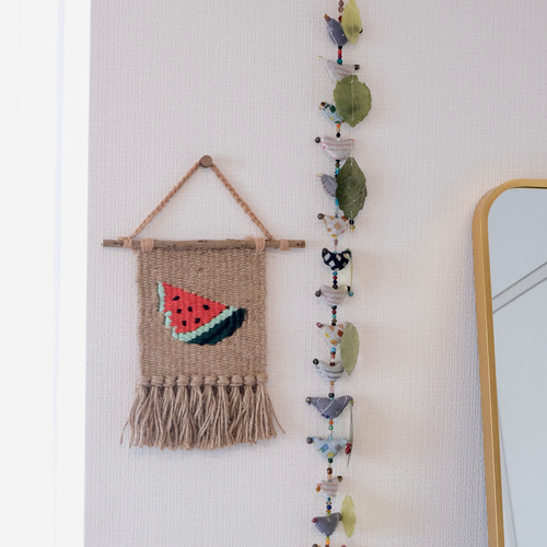 すいか》夏 手織物 毛糸 ユニーク インテリア weaving 壁掛け 小物