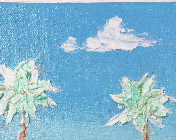 真夏の浜辺／アクリル作品　キャンバス　原画　F０号　ビーチ　ヤシの木　貝殻 5枚目の画像