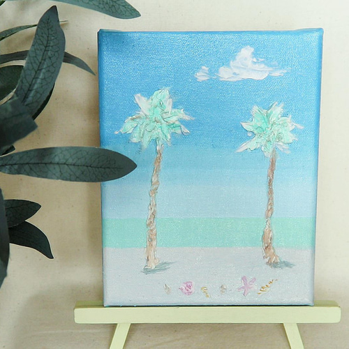 真夏の浜辺／アクリル作品 キャンバス 原画 F0号 ビーチ ヤシの木 