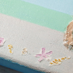真夏の浜辺／アクリル作品　キャンバス　原画　F０号　ビーチ　ヤシの木　貝殻 6枚目の画像