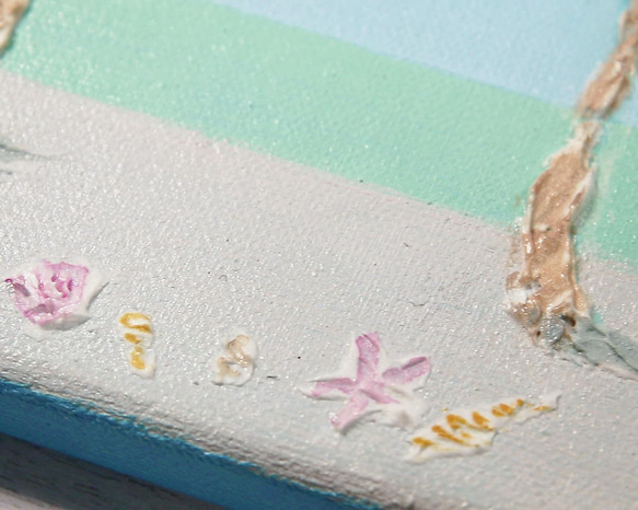 真夏の浜辺／アクリル作品　キャンバス　原画　F０号　ビーチ　ヤシの木　貝殻 6枚目の画像