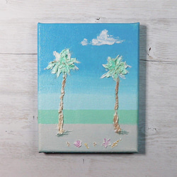 真夏の浜辺／アクリル作品　キャンバス　原画　F０号　ビーチ　ヤシの木　貝殻 2枚目の画像