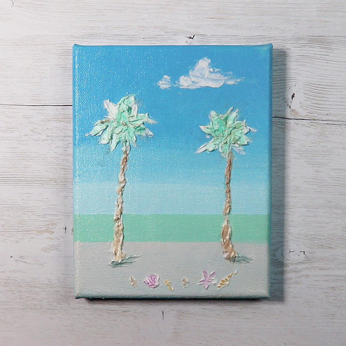真夏の浜辺／アクリル作品 キャンバス 原画 F0号 ビーチ ヤシの木 