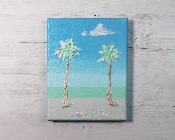 真夏の浜辺／アクリル作品　キャンバス　原画　F０号　ビーチ　ヤシの木　貝殻 2枚目の画像