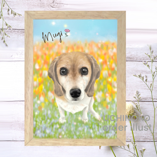 ペット似顔絵 お花畑ver. 犬 猫 ペット メモリアル オーダーメイド