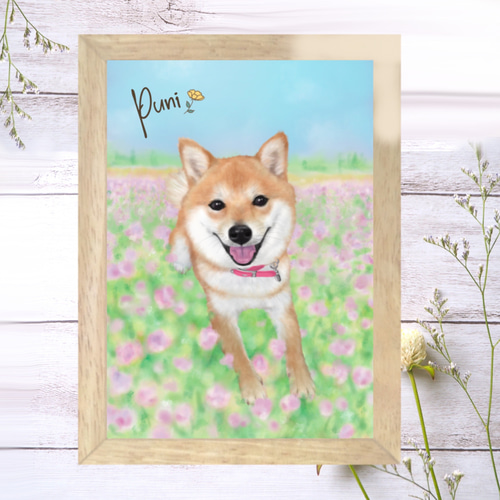 ペット似顔絵 お花畑ver. 犬 猫 ペット メモリアル オーダー